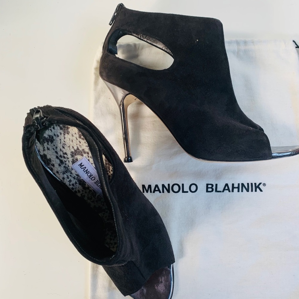 RARE! Autographed by Manolo Blahnik Black Suede Sling-back, Peep Toe Booties